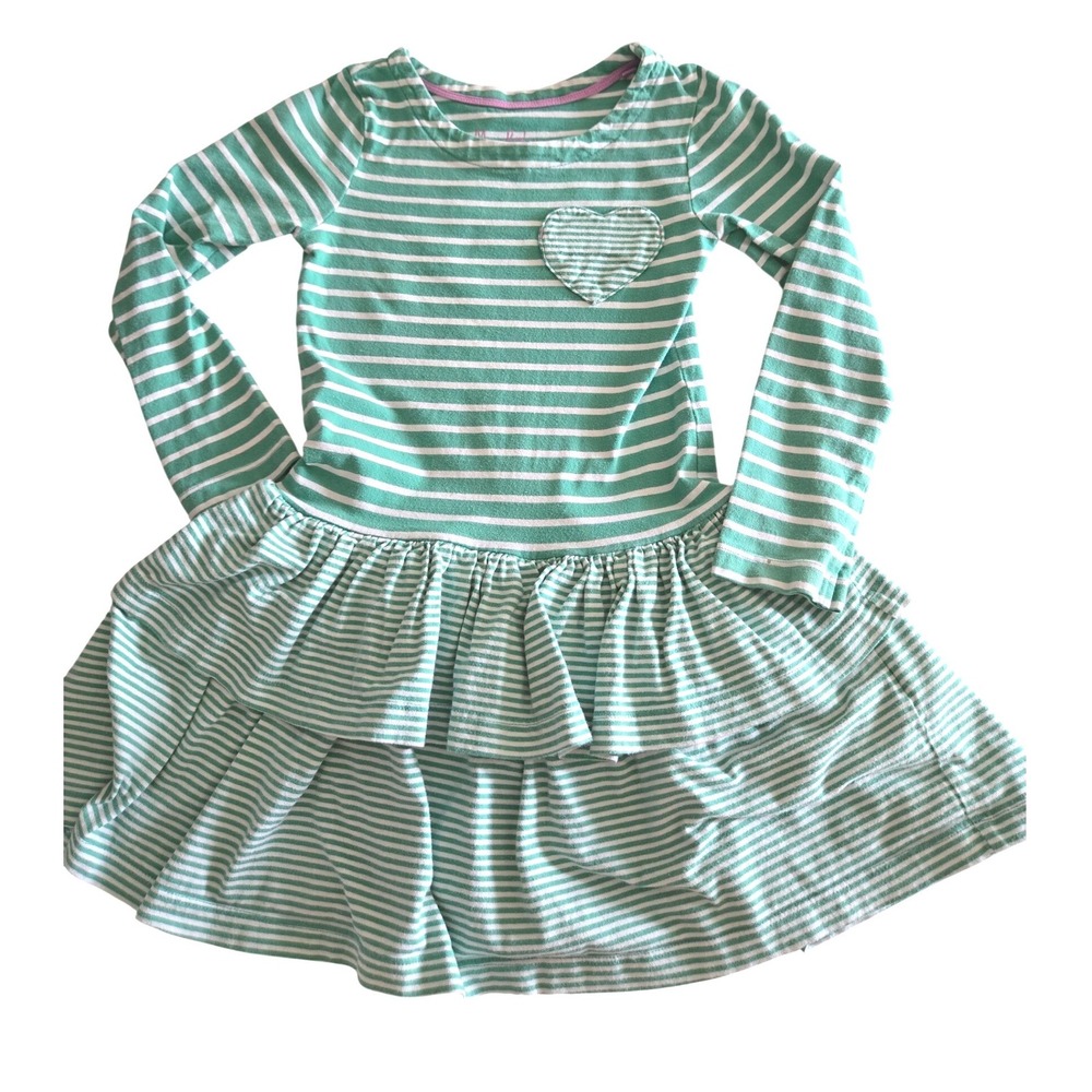 Mini Boden Girls‎ Green White Striped Heart Tiered Ruffle Jersey Dress Size 5-6
